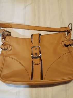 Women's Tan Leather Shoulder Bag - Classic Buckle Detail